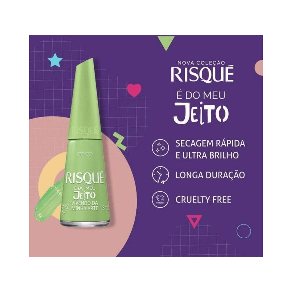 Esmalte Risqué em embalagem com destaque para secagem rápida e brilho