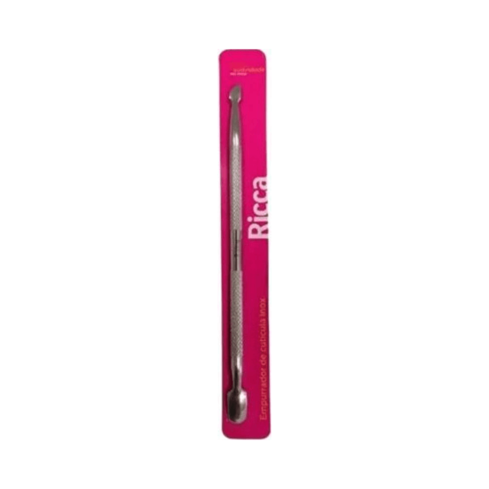 Empurrador Ricca inox na embalagem rosa mostrando detalhes do cabo texturizado
