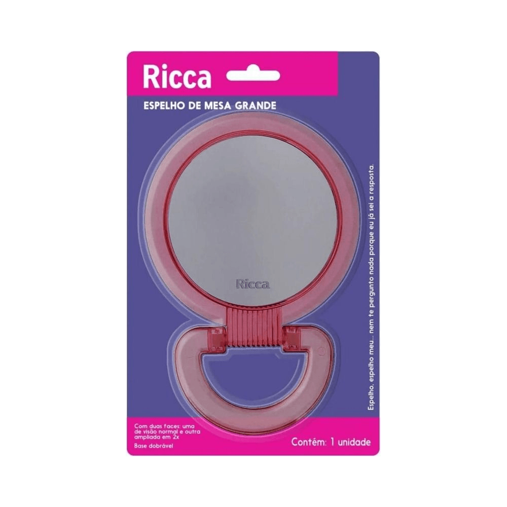 Espelho Ricca embalado com cartão roxo e rosa, view frontal