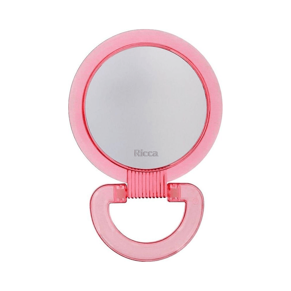 Espelho Ricca visto de frente com base dobrável aberta e logotipo