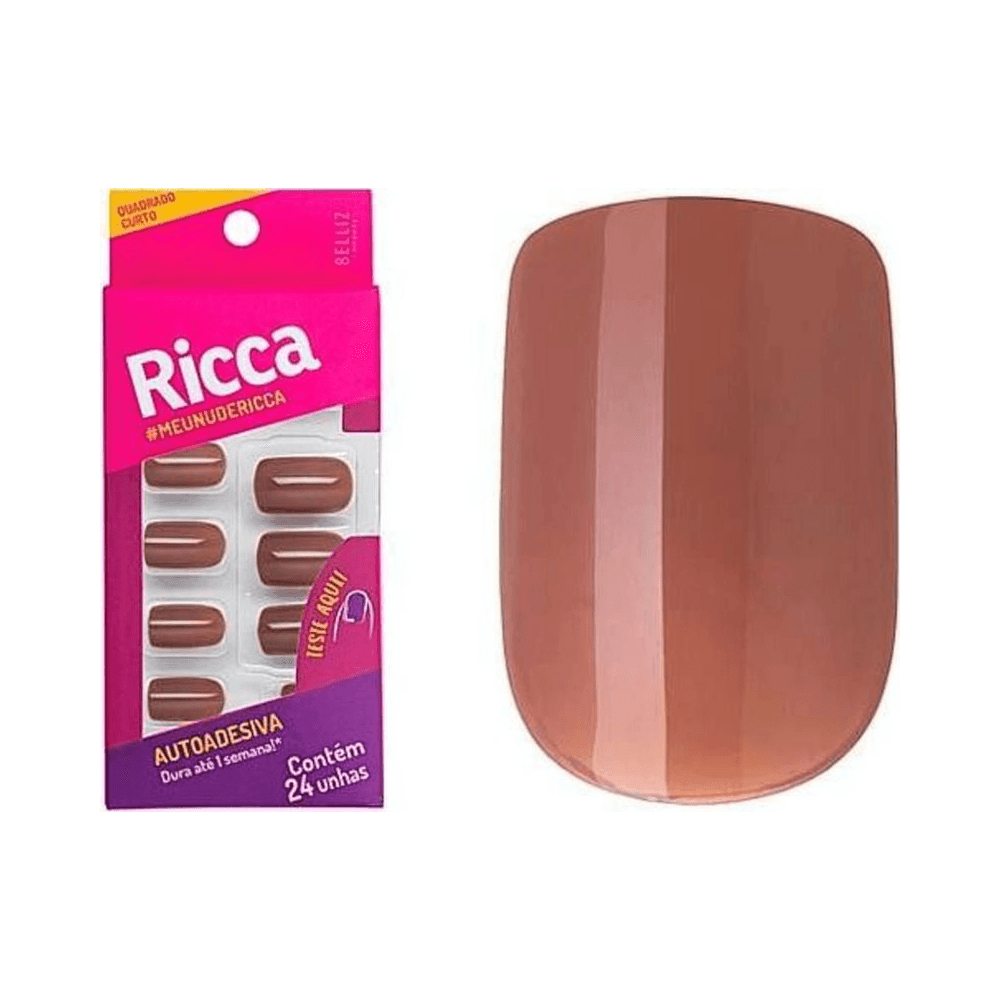 Detalhe das Unhas Ricca Autoadesivas Nude Cappuccino e embalagem