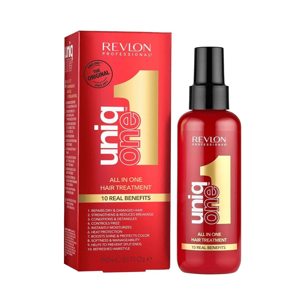Frasco e embalagem Revlon Professional Uniq One 150ml mostrando lista dos 10 benefícios