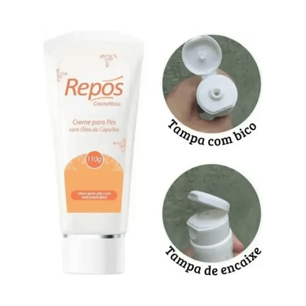 Creme para Pés Repos 110g com destaque para bico dosador e tampa de encaixe
