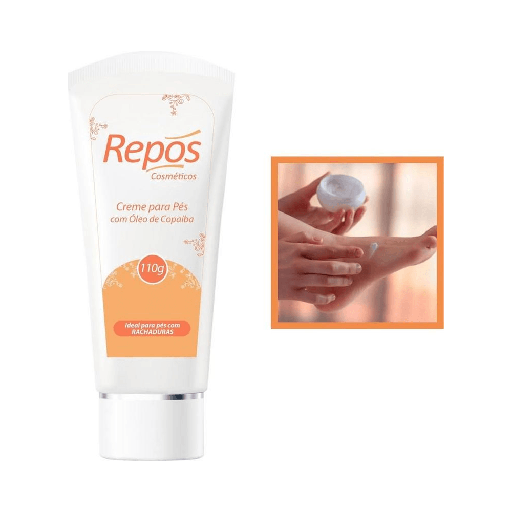 Creme para Pés Repos 110g com demonstração de aplicação nos pés