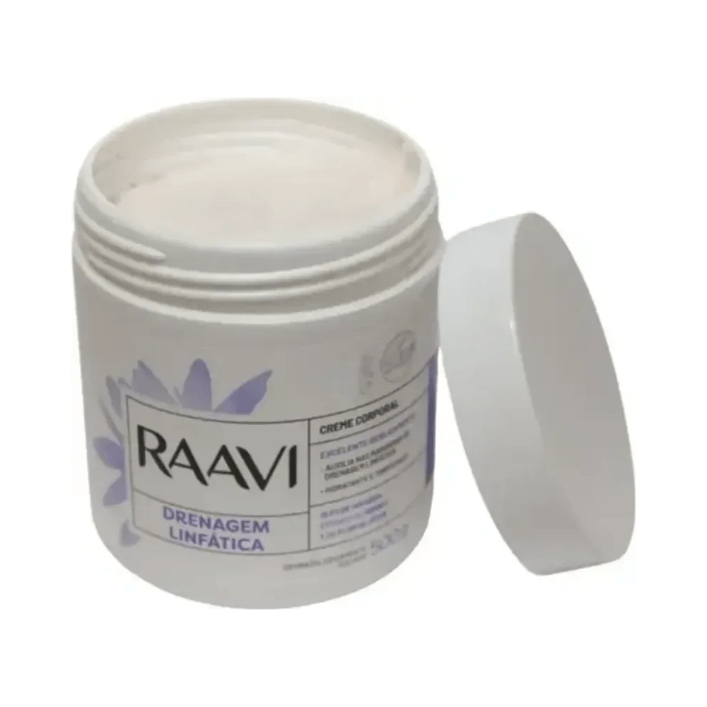 Pote aberto mostrando a textura do Creme Corporal Raavi 500g