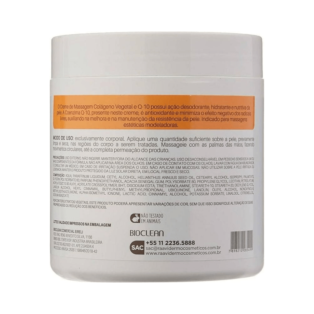 Verso do frasco com instruções de uso do Creme de Massagem Raavi 500g