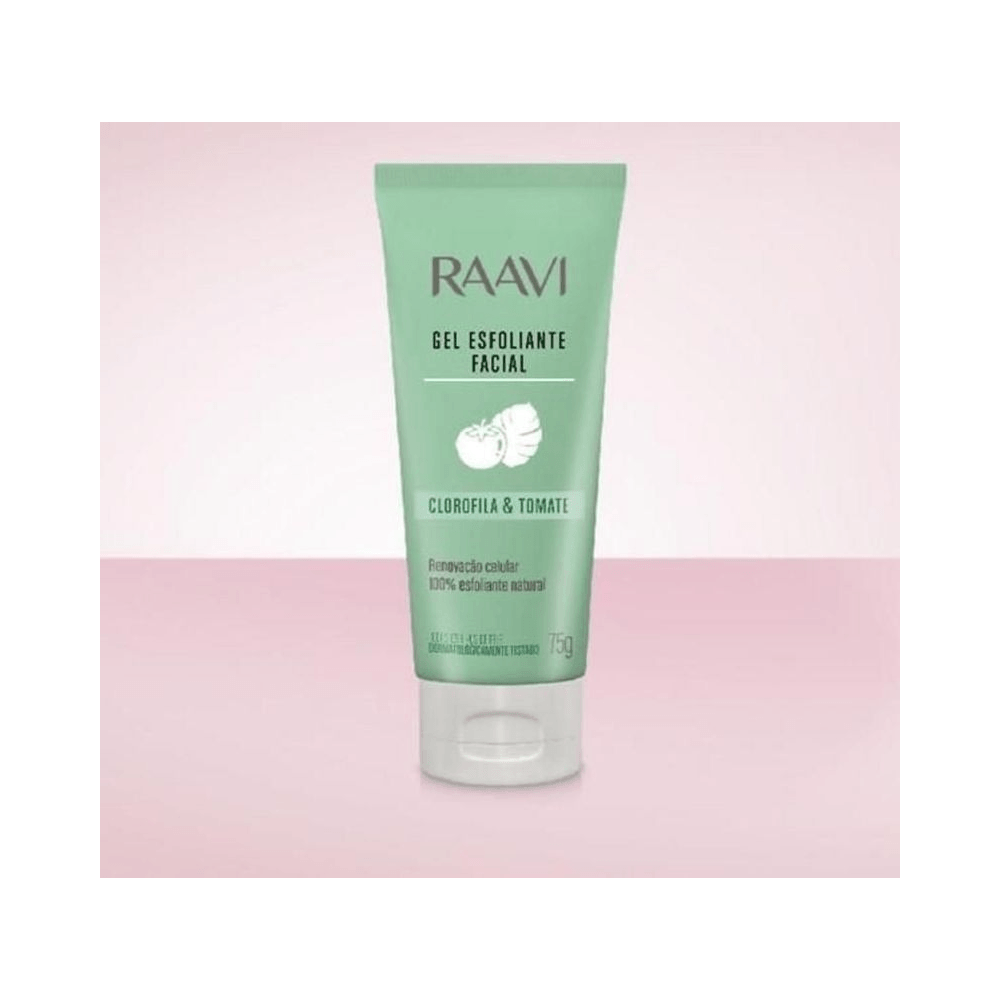 Frente do Gel Esfoliante Facial Raavi Clorofila & Tomate 75g sobre fundo degradê