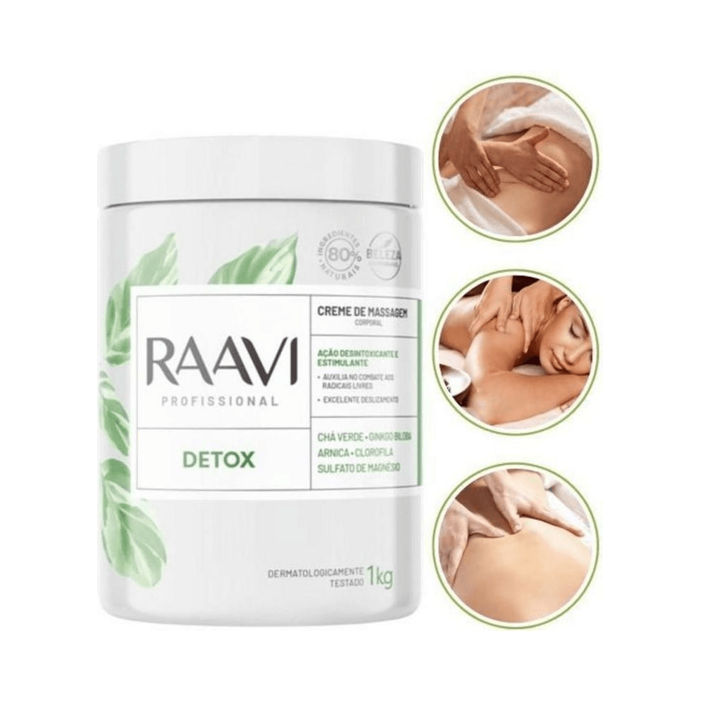 Pote Raavi Detox 1kg com ícones de massagem e destaque dos ativos naturais