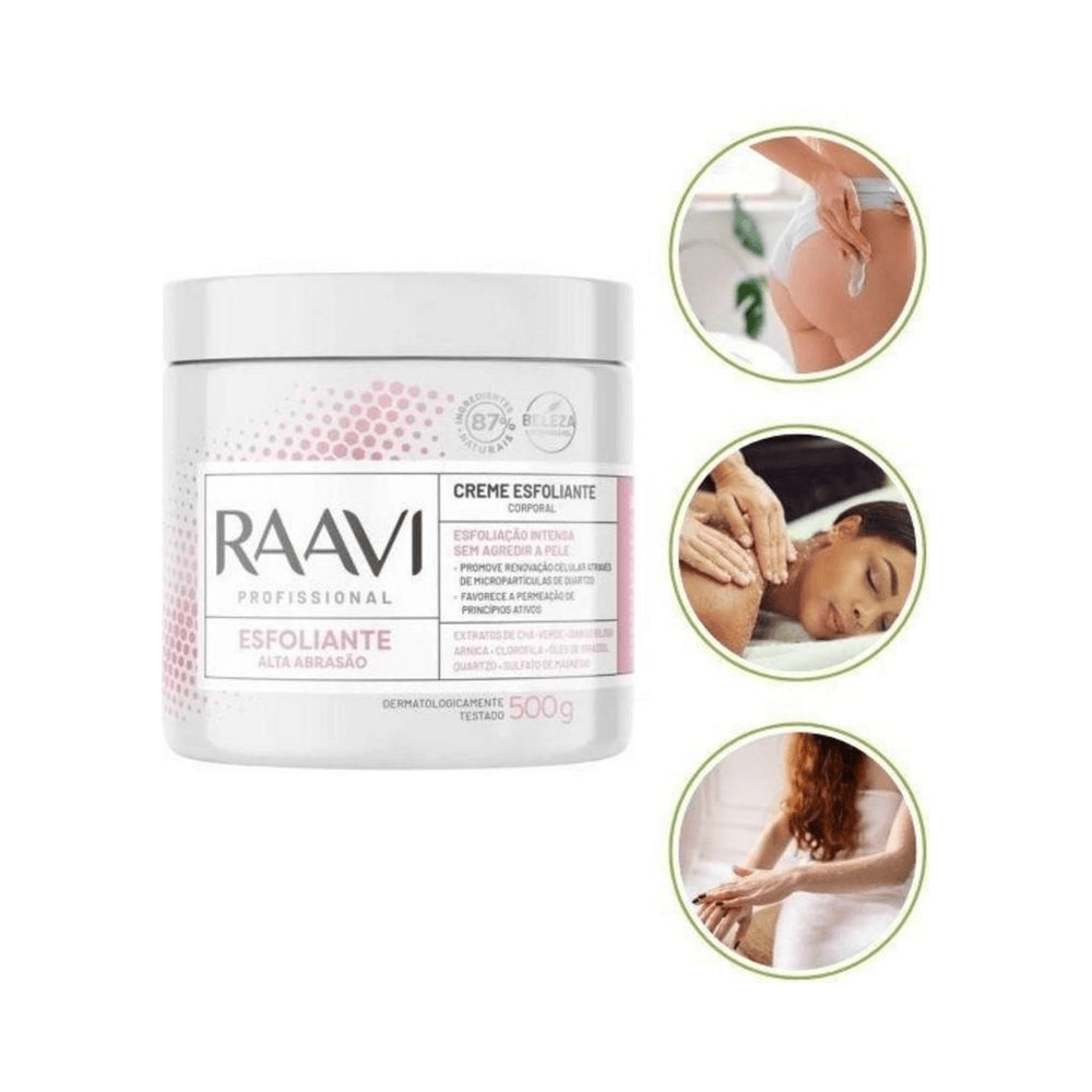Creme Esfoliante Raavi Detox com imagens de aplicação no corpo