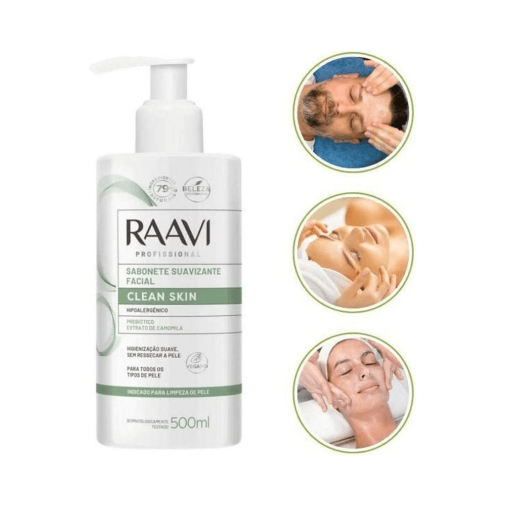Frasco com pump do Sabonete Raavi Clean Skin 500ml em vista frontal