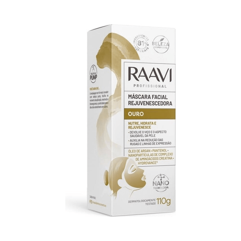Caixa e frasco da Máscara Facial Rejuvenescedora Raavi Ouro 110g com detalhes dourados