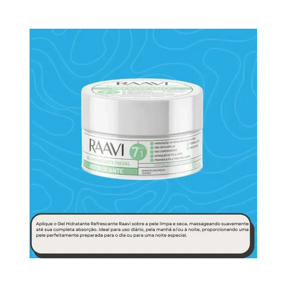 Hidratante Raavi 100g sobre fundo azul com textura ondulada, destaca benefícios no rótulo
