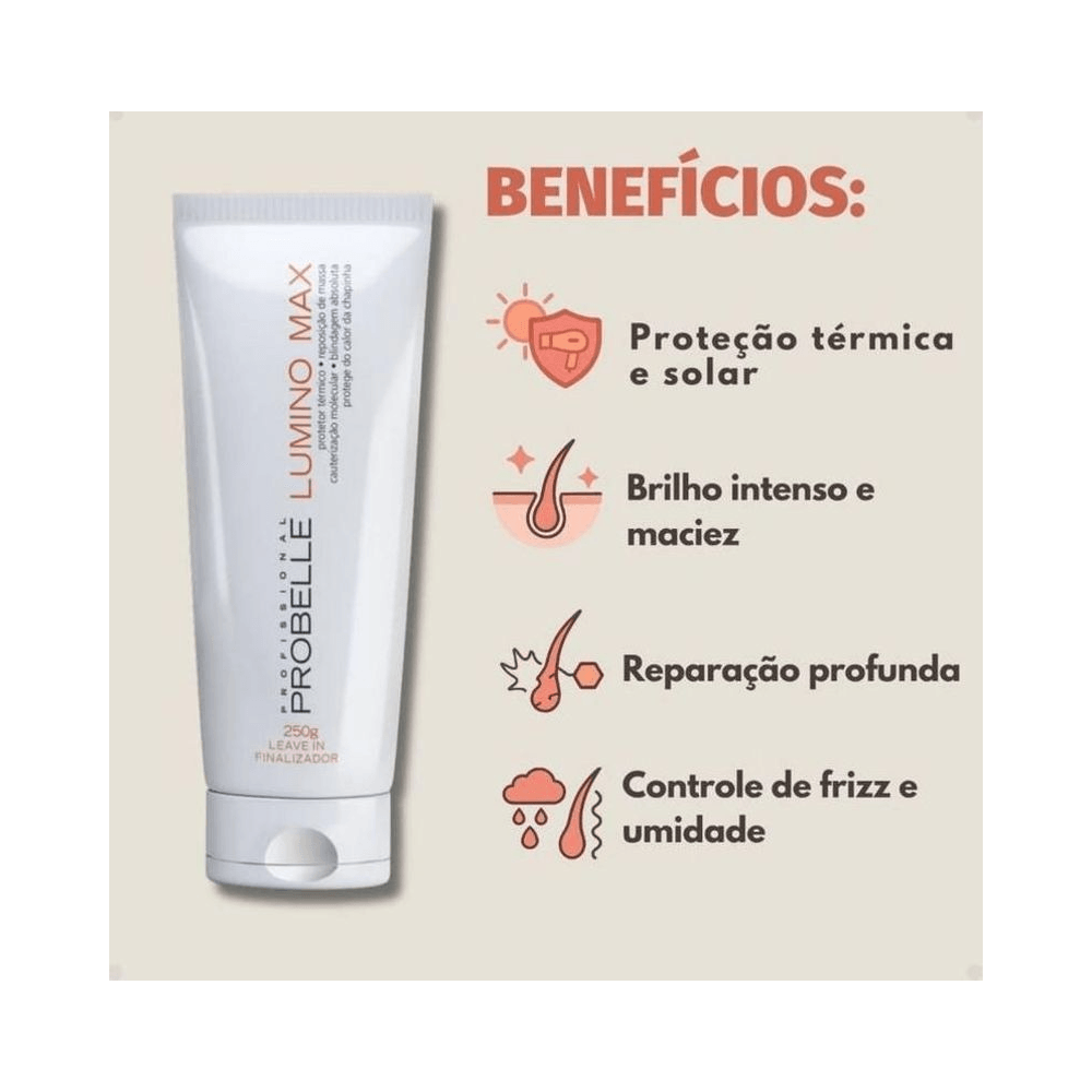 Composição do Leave-in Probelle Lumino Max com painel de benefícios
