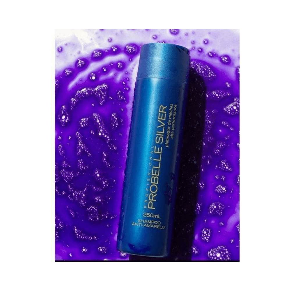 Shampoo Probelle Silver 250ml sobre espuma roxa destacando efeito neutralizante