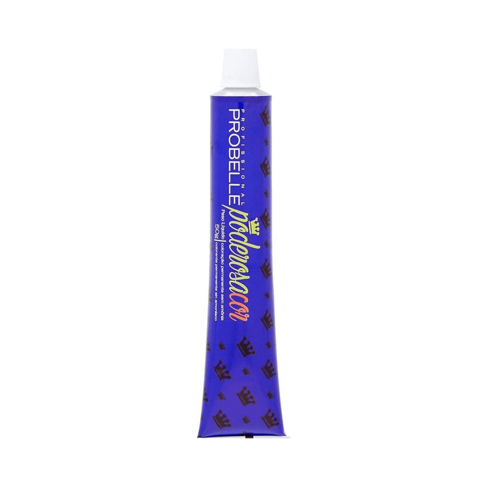 Tubo de tonalizante Probelle Poderosa Cor 7.7 Louro Marrom 50g em fundo branco
