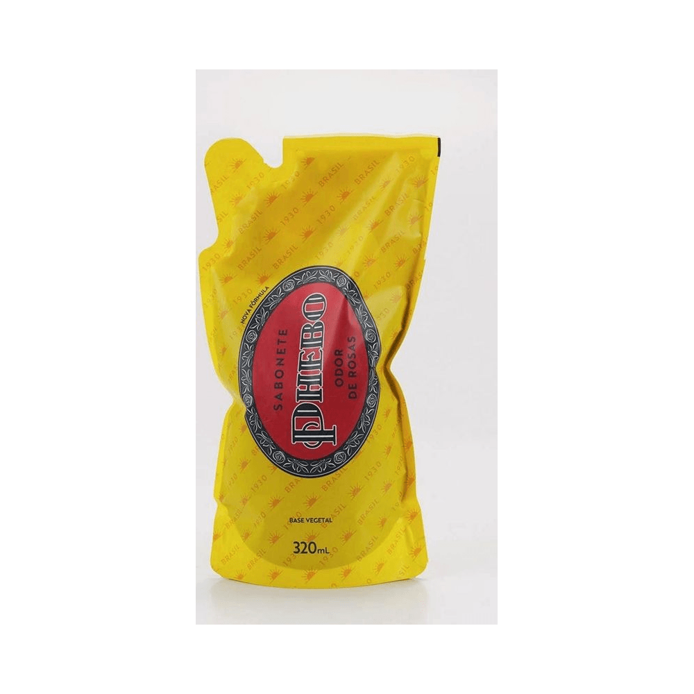 Refil amarelo do sabonete Phebo em posição vertical com rótulo legível