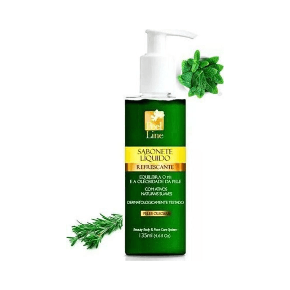 Frasco pump Sabonete Líquido Peel Line 135ml com ilustração de folhas