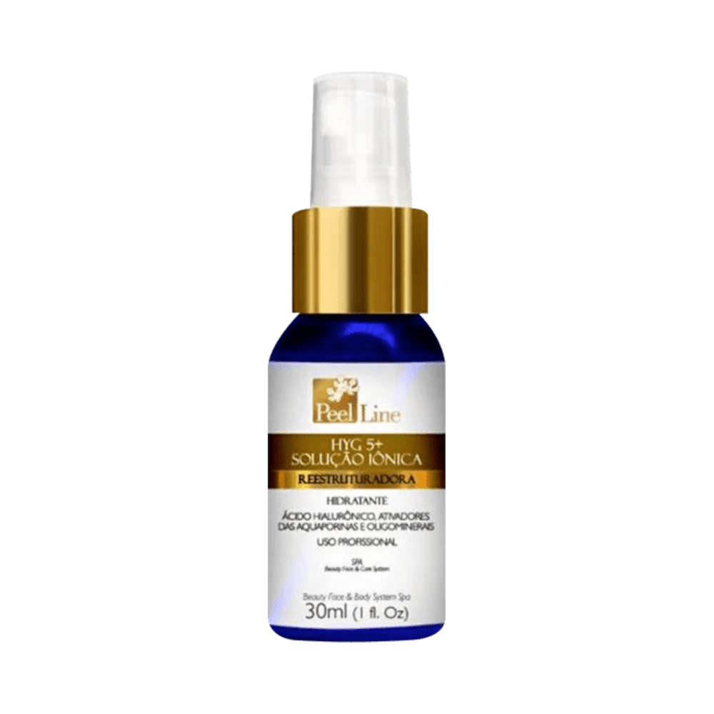 Frasco azul 30ml Peel Line HYG 5+ com pump transparente e colarinho dourado