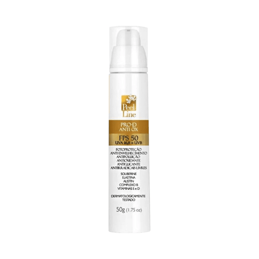 Frasco do creme protetor Peel Line Pro-D Antiox FPS50 50g em fundo branco