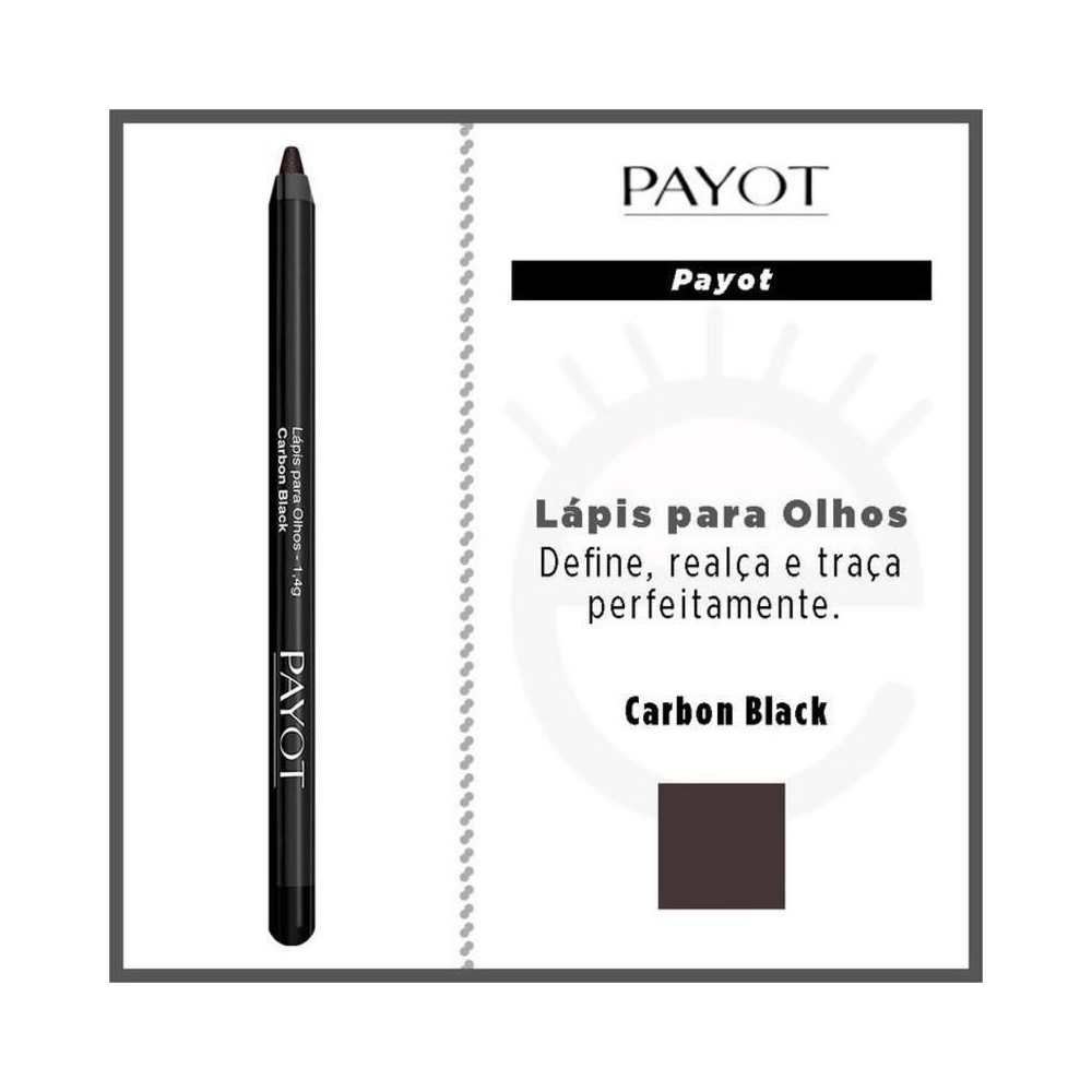 Lápis de olhos Payot Carbon Black vertical com descrição do produto ao lado