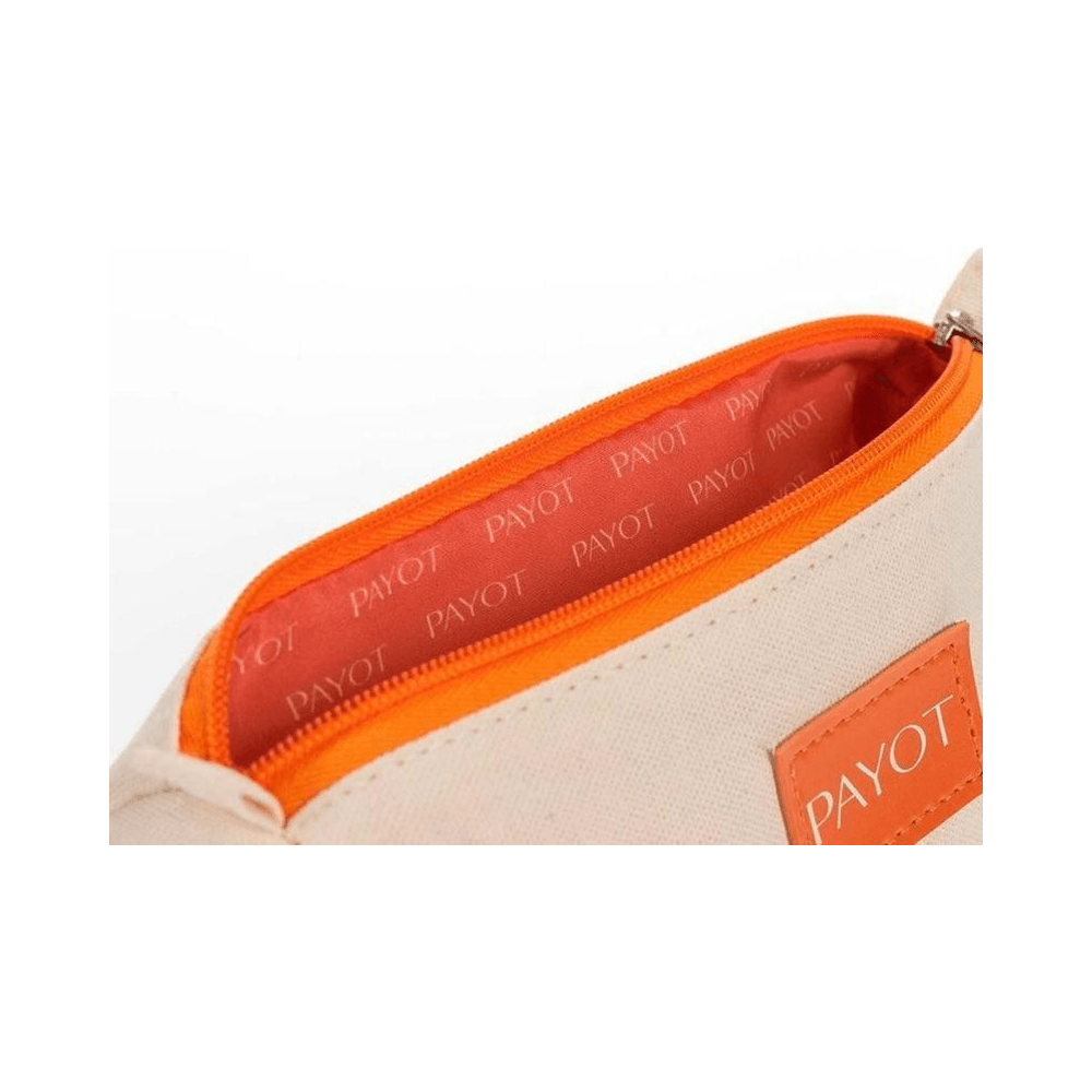 Close da nécessaire Payot aberta mostrando interior laranja com logo