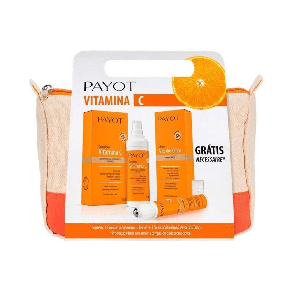 Display promocional do kit Payot Vitamina C com destaque para embalagem e selo de nécessaire grátis