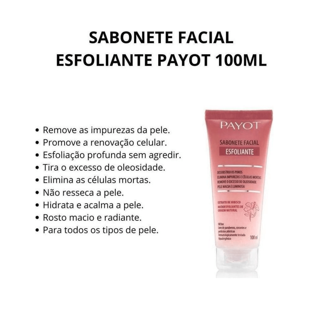 Sabonete Facial Payot Esfoliante 100ml - embalagem e benefícios destacados