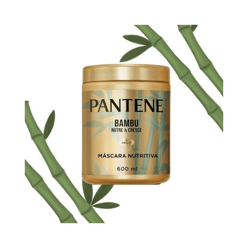 Frontal da Máscara Pantene Bambu Nutre & Cresce 600ml mostrando rótulo e ingredientes