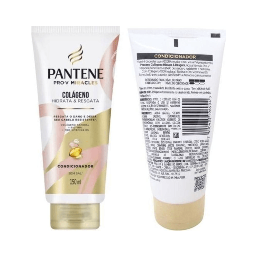 Frente e verso do Condicionador Pantene Colágeno Hidrata e Resgata 150ml