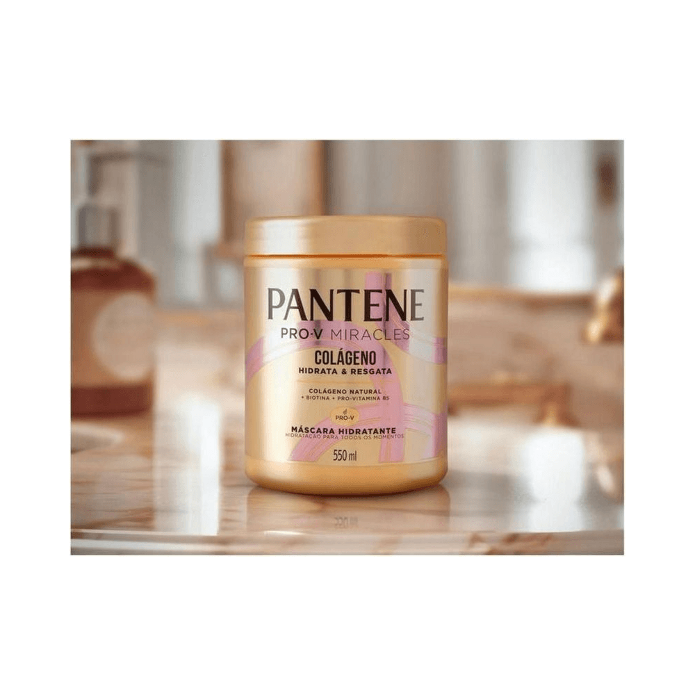 Máscara Hidratante Pantene Colágeno Hidrata e Resgata 550ml sobre superfície refletiva