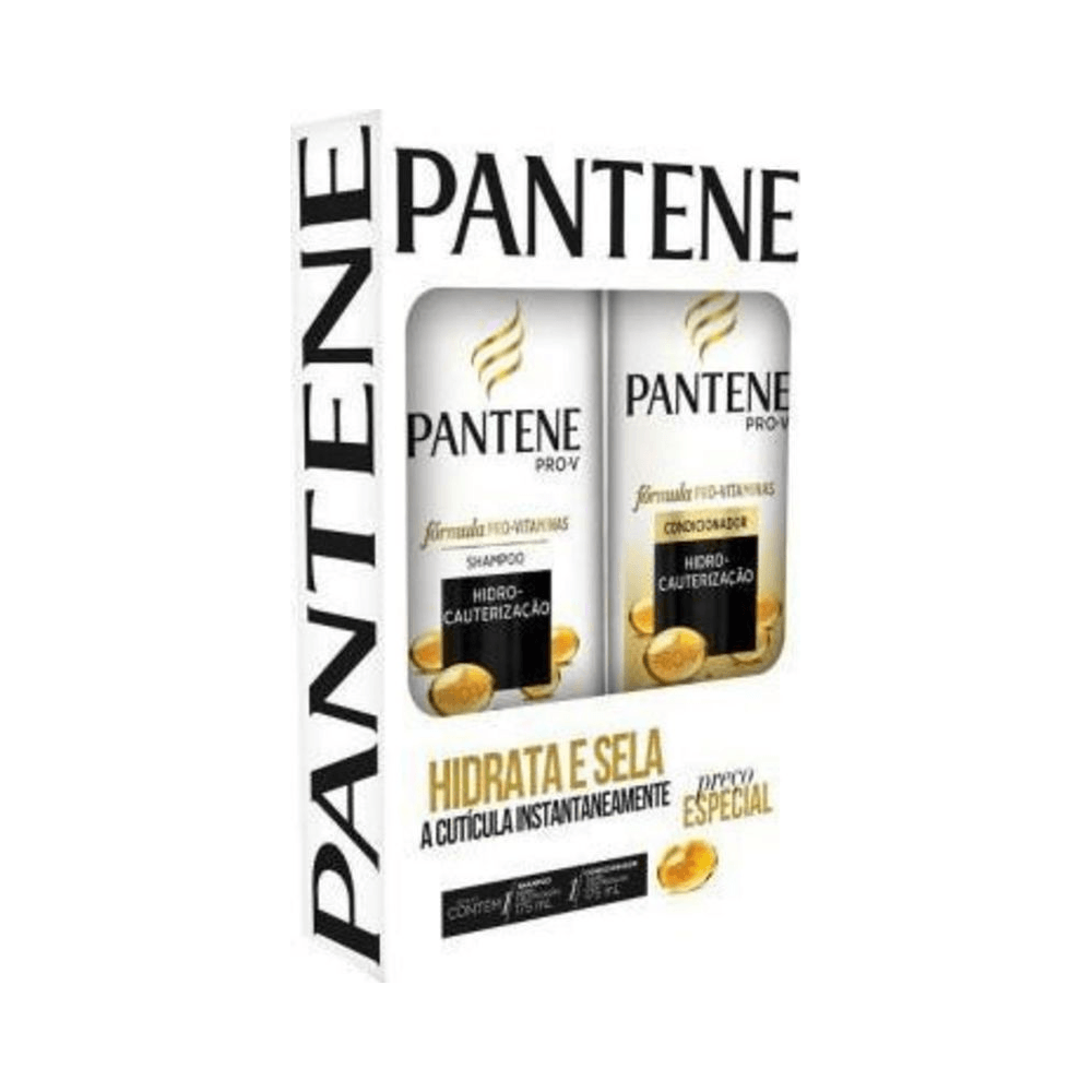 Embalagens brancas com detalhes dourados da linha Pantene Hidro-Cauterização