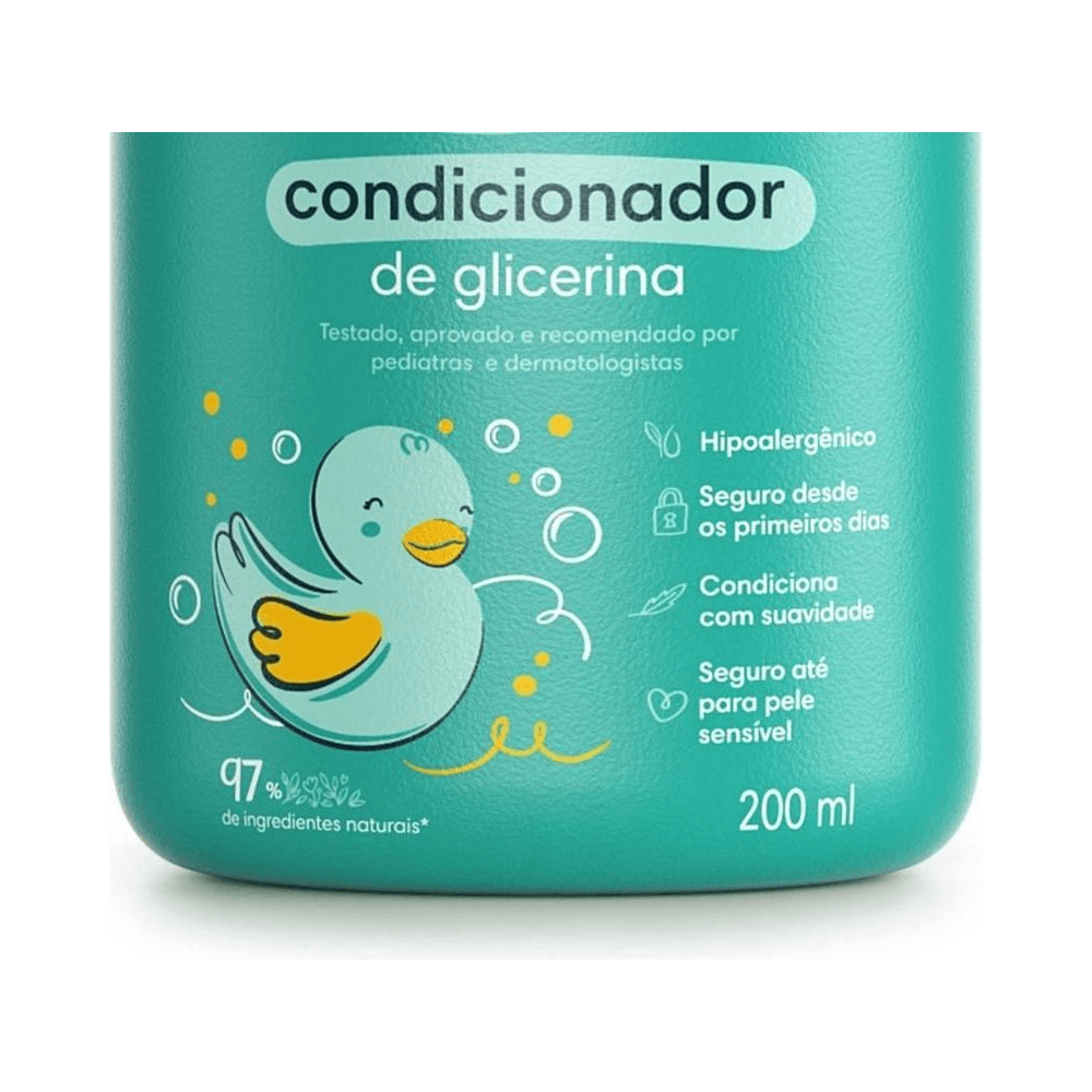 Close no rótulo do condicionador Pampers Glicerina 200ml mostrando selo hipoalergênico