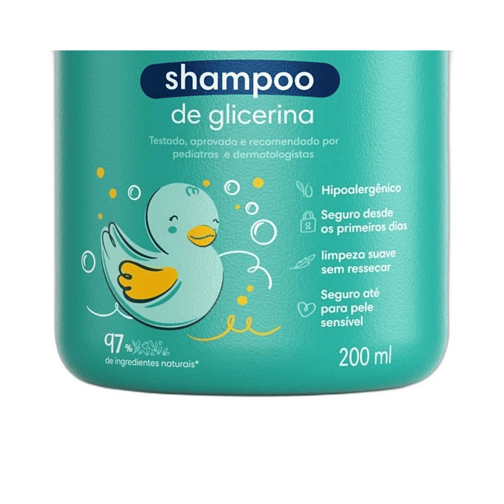 Detalhe do rótulo do Shampoo Pampers Glicerina 200ml destacando benefícios e ingredientes naturais