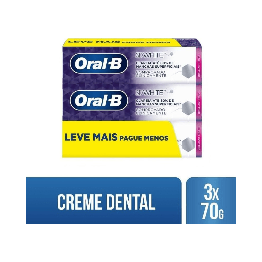 Pacote promocional Oral-B 3D White mostrando 3 tubos e destaque para oferta Leve 3 Pague 2
