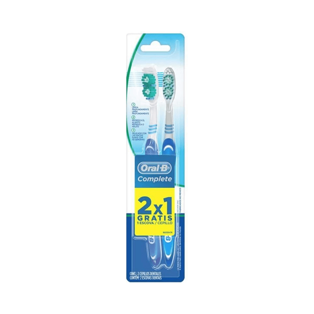 Pacote com duas escovas Oral-B Complete 40 mostrando design e cerdas