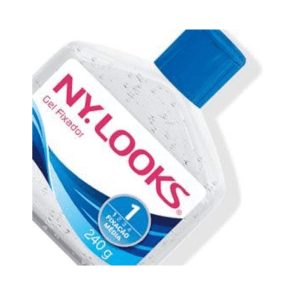 Imagem inclinada do Gel Fixador Ny. Looks 1 mostrando embalagem transparente e gel com bolhas