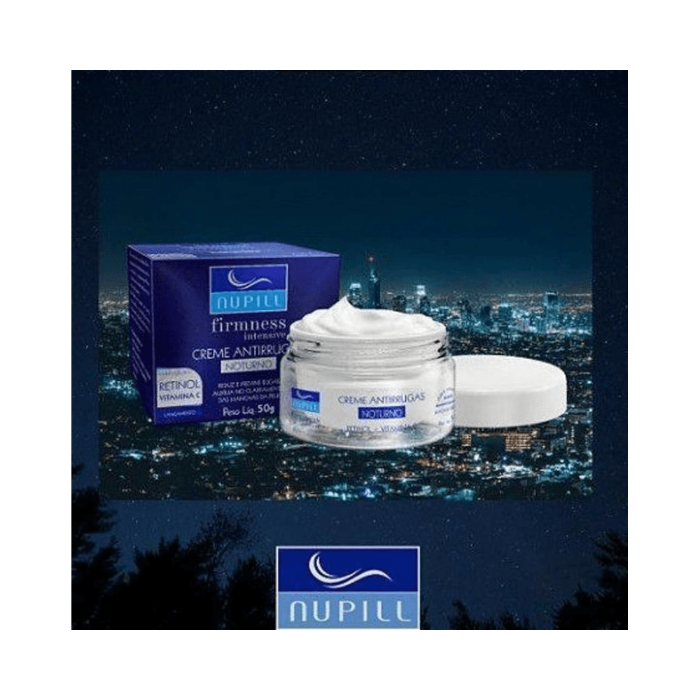 Creme Antissinais Nupill 50g com embalagem e caixa em fundo escuro