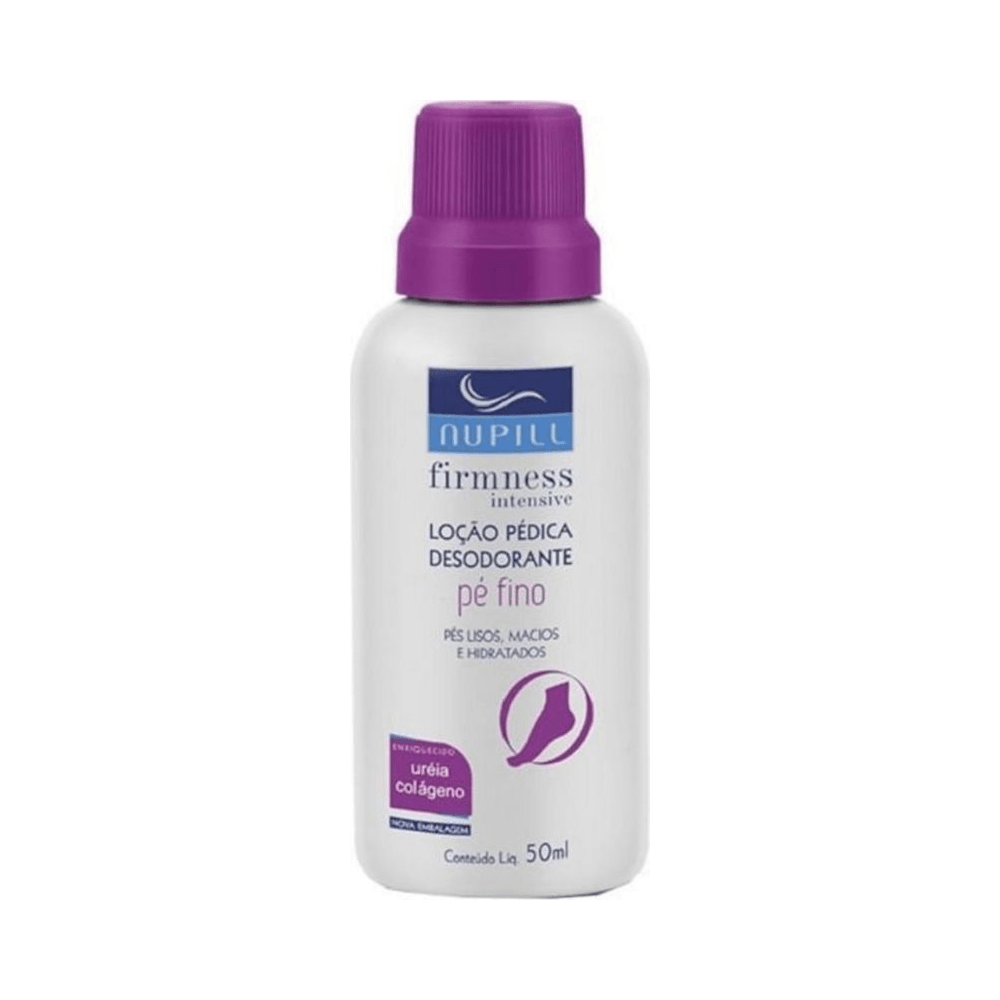 Frasco branco com detalhe roxo da Loção Pé Fino Nupill 50ml