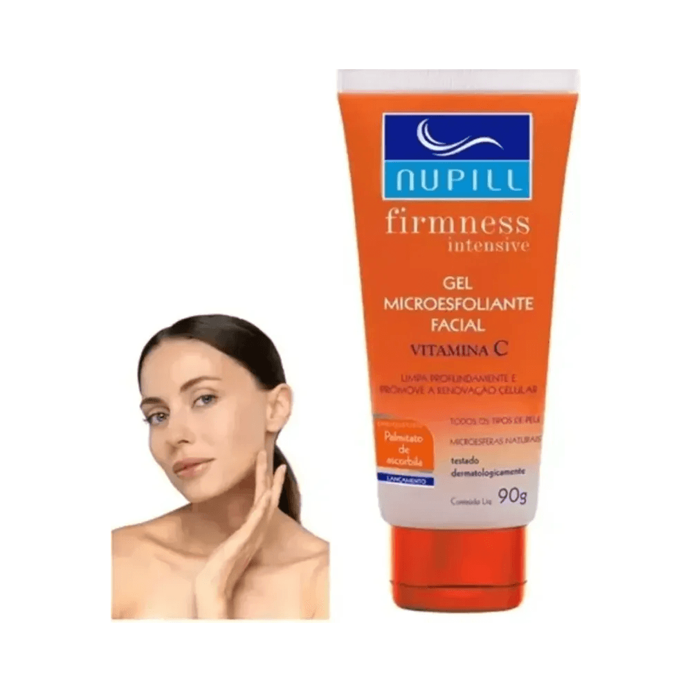 Gel Facial Nupill ao lado de modelo tocando o rosto