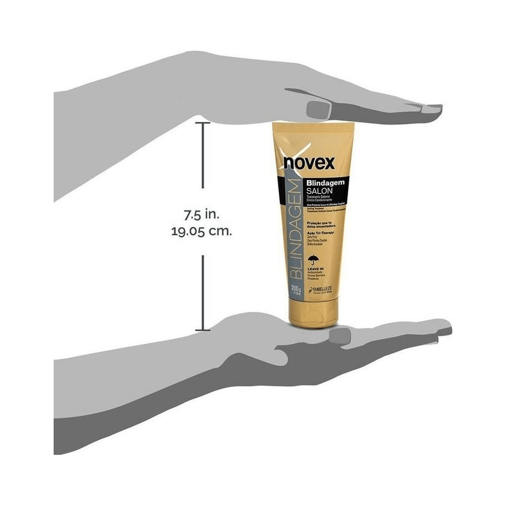 Leave-in Novex Salon Blindagem 200g exibido entre mãos, destaque para proteção térmica e anti-frizz