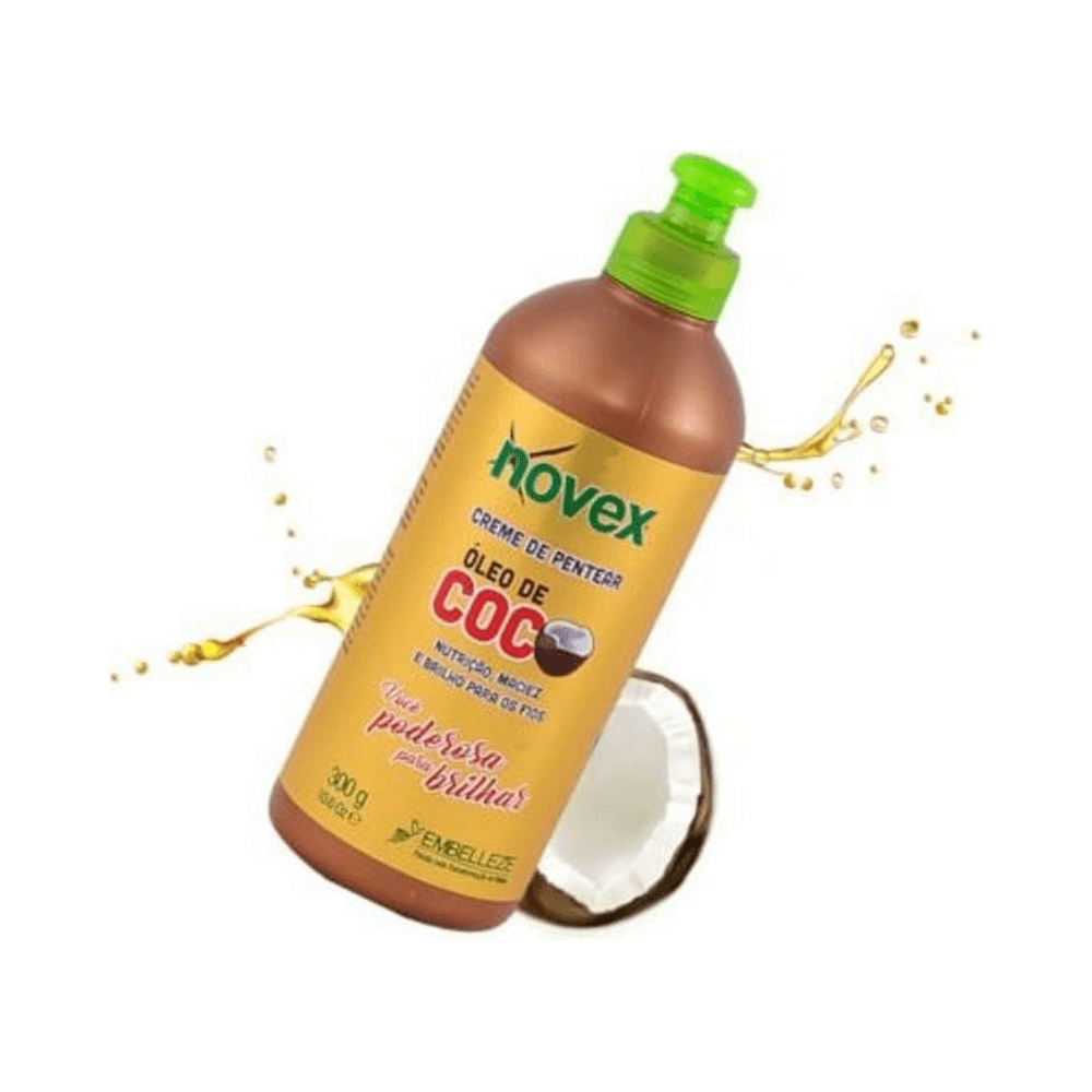 Creme de Pentear Novex Óleo de Coco em destaque com respingos de óleo e meia coco