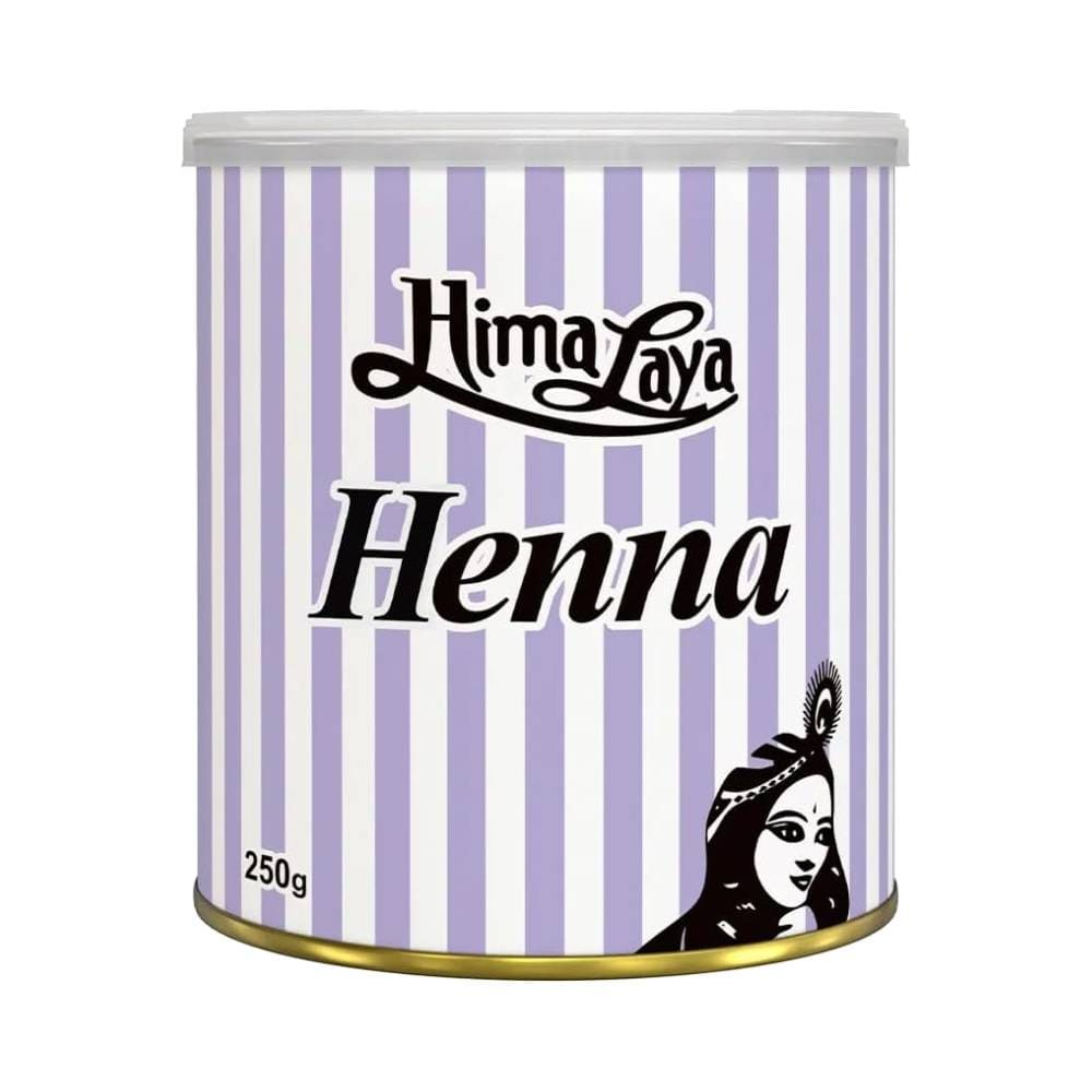 Lata de Henna Pó Himalaya Acaju 250g, embalagem lilás com detalhes em branco e preto