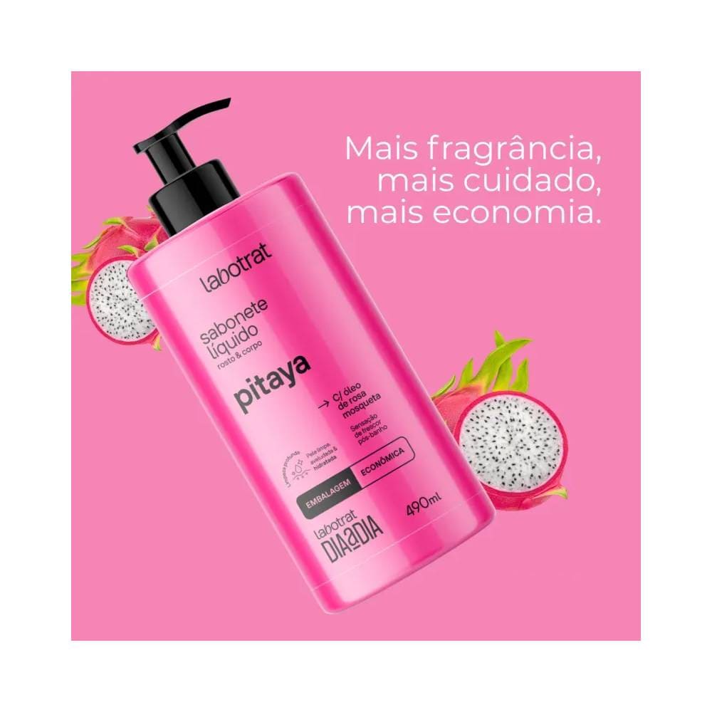 Embalagem rosa do sabonete Labotrat Dia a Dia Pitaya com pitayas ao lado
