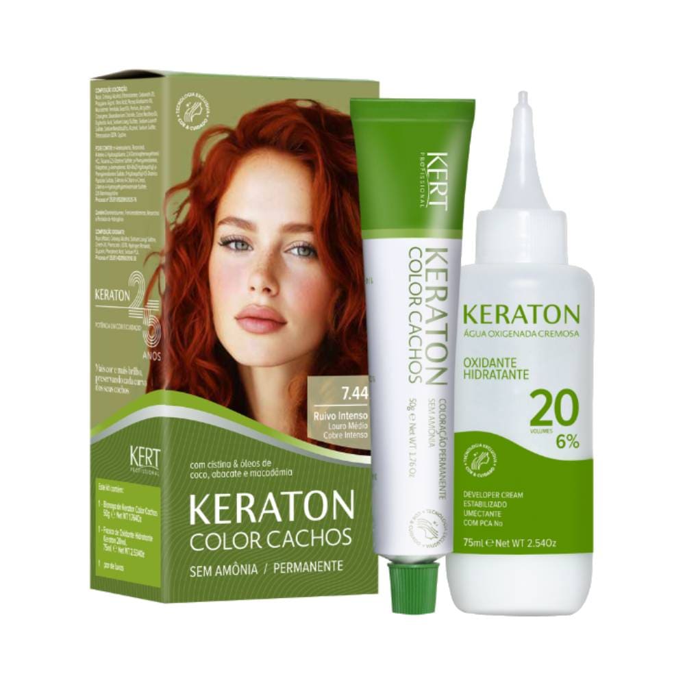 Kit de coloração Keraton Color Cachos 7.44 Louro Médio Cobre Intenso com modelo de cabelos cacheados ruivos intensos