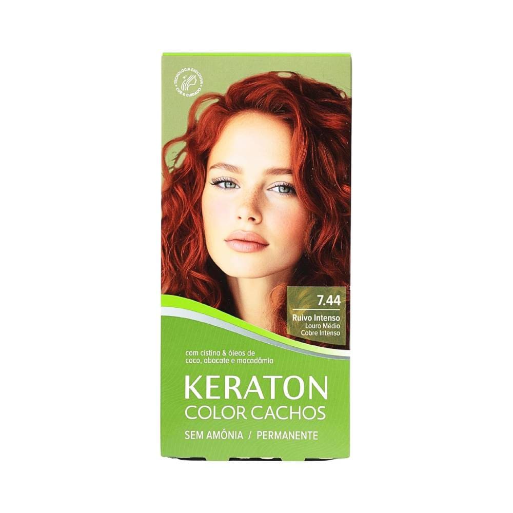 Embalagem frontal da coloração Keraton Color Cachos 7.44 com destaque para ingredientes naturais