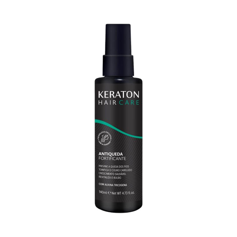 Tônico Keraton Antiqueda 140ml, frasco preto com detalhes em verde e branco, bico aplicador preto