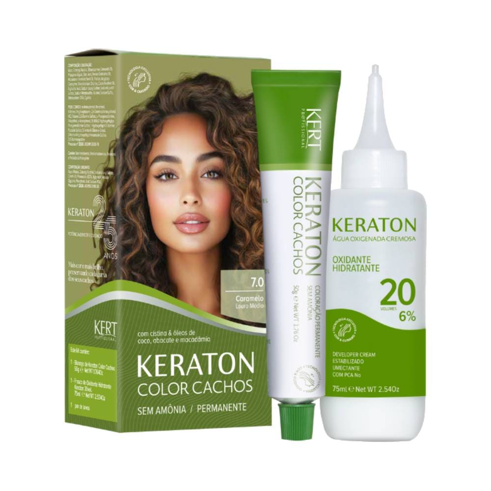 Kit de coloração Keraton Color Cachos 7.0 Louro Médio com embalagem verde e detalhes em branco e verde claro, mostrando mulher com cabelos cacheados castanho claro