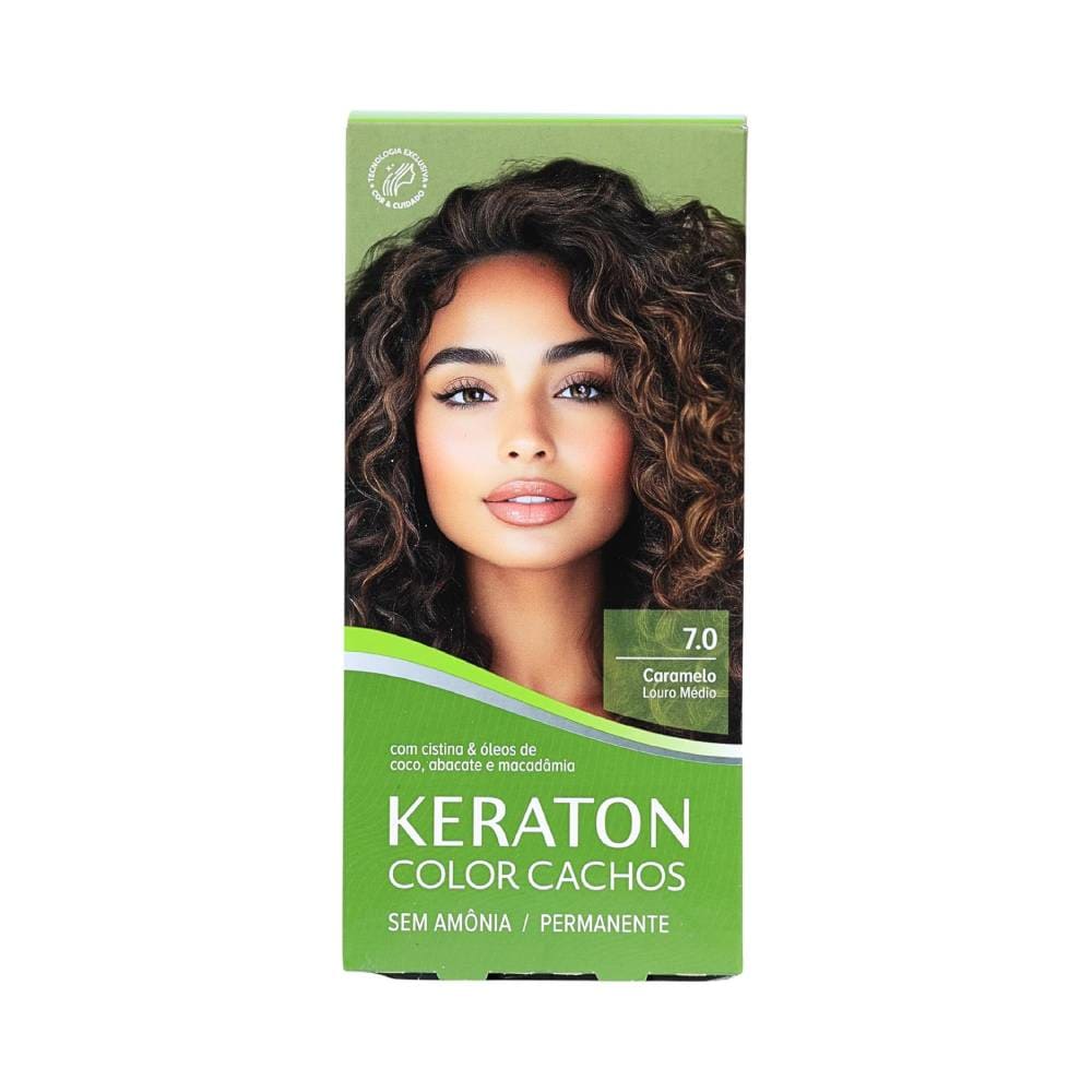Embalagem frontal da coloração Keraton Color Cachos 7.0 Louro Médio com detalhes em verde e branco