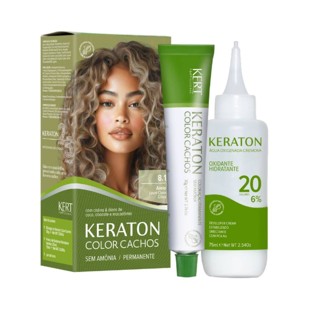 Embalagem frontal da coloração Keraton Color Cachos 8.1 Louro Claro Cinza com modelo de cabelos cacheados.
