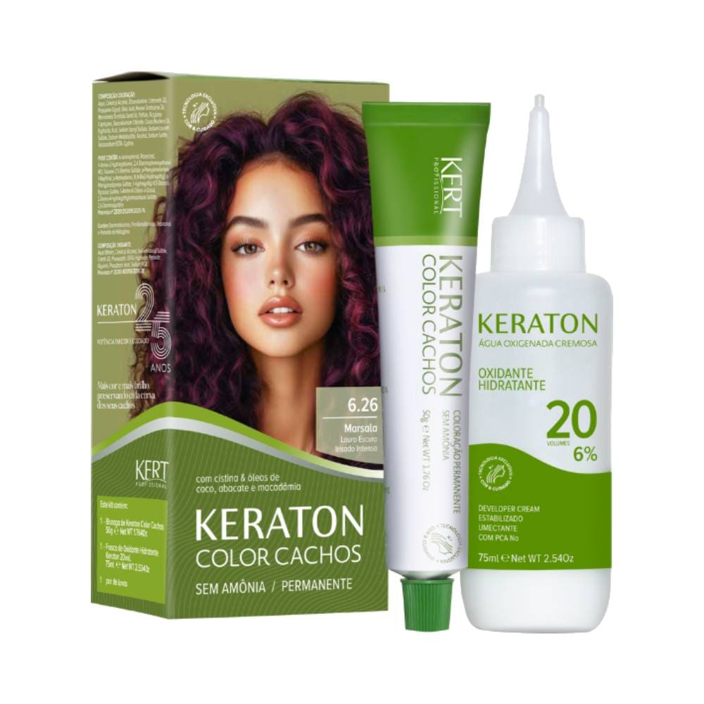 Coloração Keraton Color Cachos 6.26 Marsala embalagem e frasco oxidante hidratante